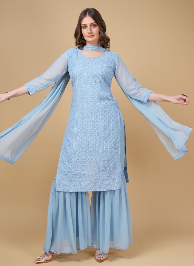 Faux Georgette Blue Festival Wear Schiffli Work Readymade Sharara Suit